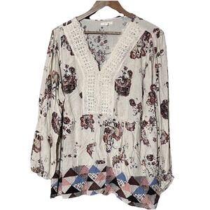 Maurices Boho Crochet Floral Lace‎ Peasant Long Sleeve Tunic Blouse 2X cottage